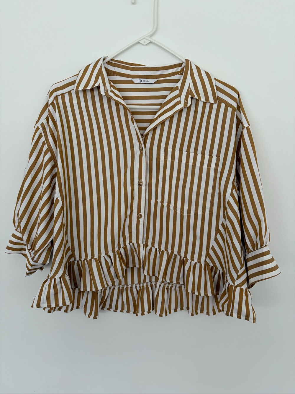Women's Striped Ruffle Hem Button-Down Shirt - Brown/White